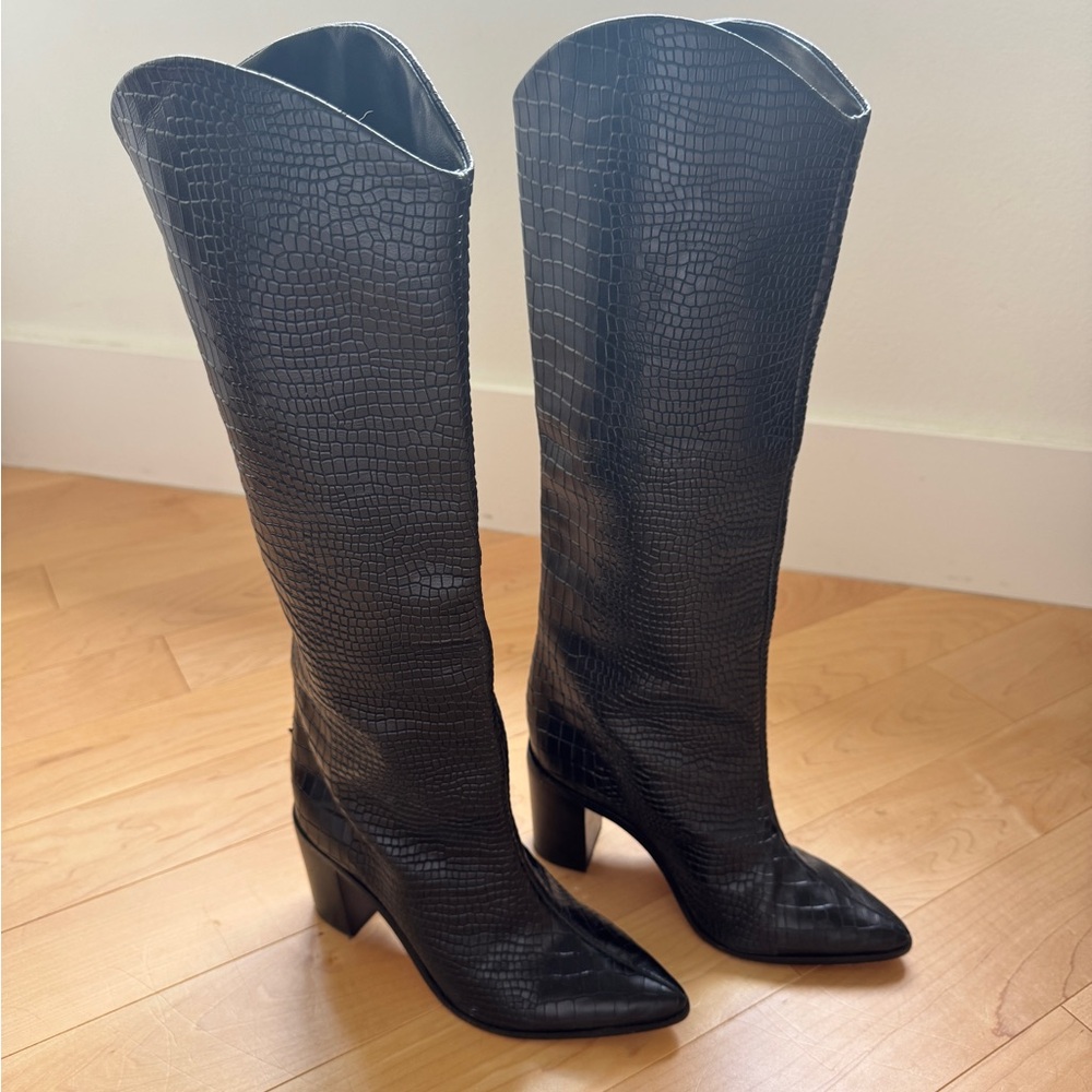Schutz Black Croc-Embossed Knee-High Boots